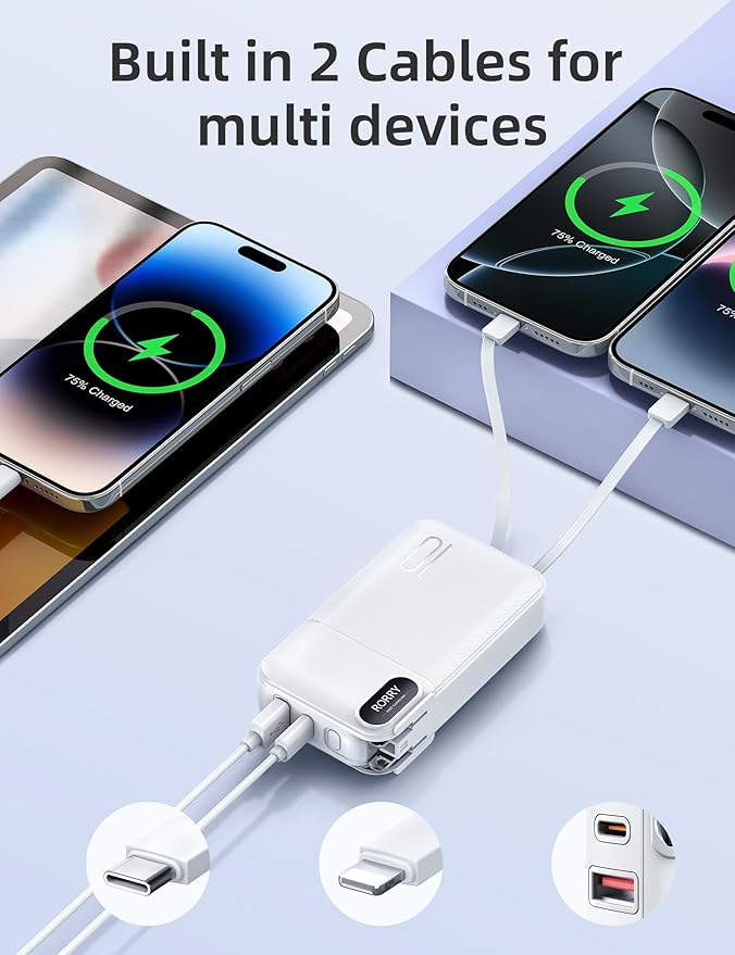 RORRY Portable Charger Built in Cables, AC Wall Plug In Portable Charger Power Bank 10000mAh Travel Battery Pack 22.5W Fast Charging for iPhone 17/16/15 Samsung Galaxy S25/S24/S23 Pixel LG iPad, White