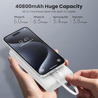 Ekrist Upgraded Portable Charger 40800mAh Power Bank - Portable Battery with 2 Built in Cables,PD 25W USB C Fast Charging Battery Pack Compatible with iPhone 17 16 15 14 13 Android Phone etc-White