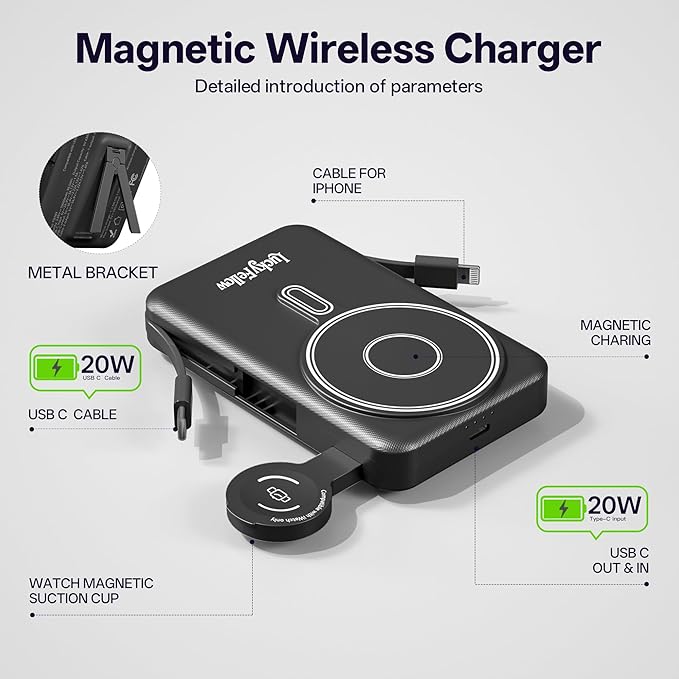 Magnetic Portable Charger Built-in Cables,10000mAh Fast Charging Wireless Charger Station External Battery Pack Slim Pocket Size Power Bank with Stand Compatible with iWatch, iPhone