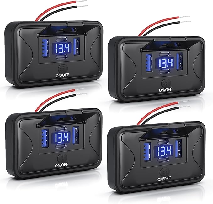 4PCS Gibbab 108W 4 Ports 12V RV USB Switch Outlet Voltmeter, 2*36W PD3.0 Type-C + 2*18W QC3.0 Quick Charge Panel Wall Mount Car Charger Socket Waterproof Multi-Port Adapter for Bus Marine Truck Boat