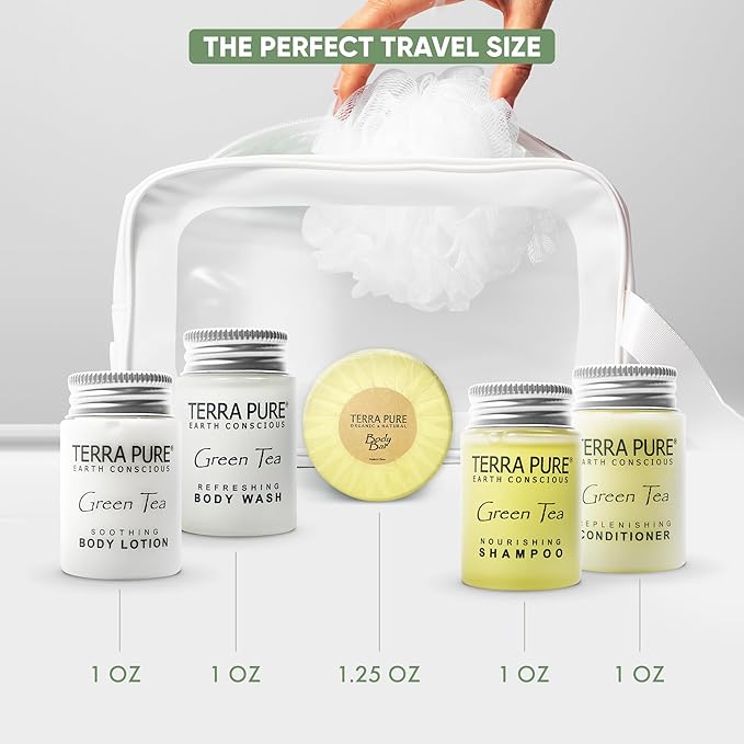 Terra Pure Hotel Soaps and Toiletries Bulk Set | 1-Shoppe All-In-Kit Amenities for Hotels | 1oz Hotel Shampoo & Conditioner, Body Wash, Body Lotion & 1.25oz Bar Soap Travel Size Toiletries | 75 Pieces