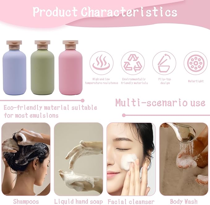 3 Pack Leakproof Travel Bottles 6.8oz | Squeeze Shampoo & Lotion Containers with Locking Flip Caps | Food Grade HDPE/PP for Toiletries, Gym, Camping (Green+Blue+Pink)
