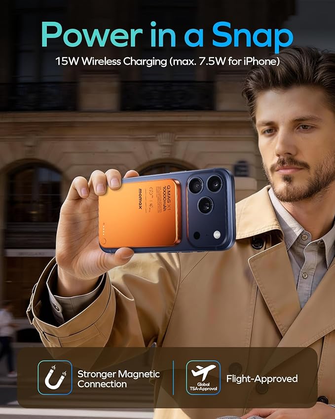 MOMAX Magnetic Wireless Power Bank 10000mAh, Ultra-Slim 0.5" MagSafe-Compatible Portable Charger, 20W USB-C PD Fast Charging, for iPhone 17/16/15/14/13/12 Series(Cosmic Orange)