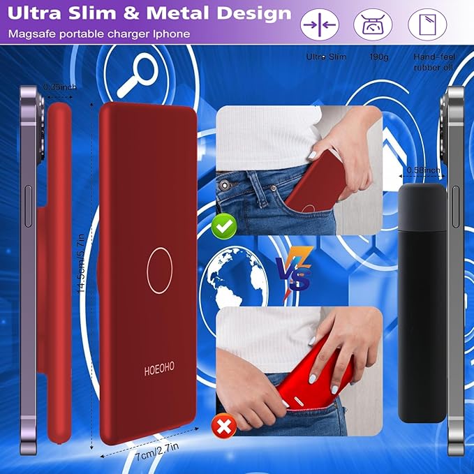 Magnetic Battery Pack for iPhone /17/16/15/14/13/12 Series, 10,000mAh Mag-Safe Battery Pack, Slim Mag-Safe Power Bank Charger, Power Bank Magnetic Charger for iPhone (Red)