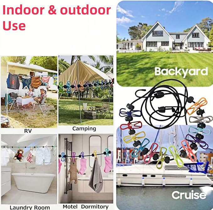 Retractable Travel Clothesline, with 12 Clips, for Laundry Drying, Compact for Camping Hotel Home