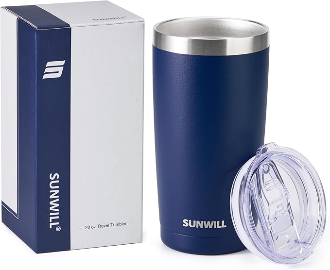 SUNWILL Travel Coffee Tumbler 20 oz, Insulated Mug with Lid, Stainless Steel Cup for Outdoor, Powder Coated Navy