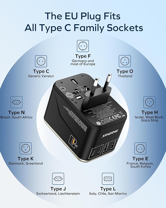 MOMAX Universal Travel Adapter 70W GaN, 3 USB-C PD & 2 USB-A QC, International Power Adapter Outlet, 6-in-1 Wall Charger for Laptop, Phone, European Travel Plug Adapter for UK/US/AUS/JP
