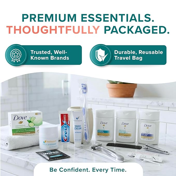 20 Piece Hygiene Kit Bulk, Travel Size Toiletries Set, Care Package Supplies, Mini Deodorant Shampoo Body Wash Toothbrush Toothpaste Razor Kit, TSA Approved, Clear Bag