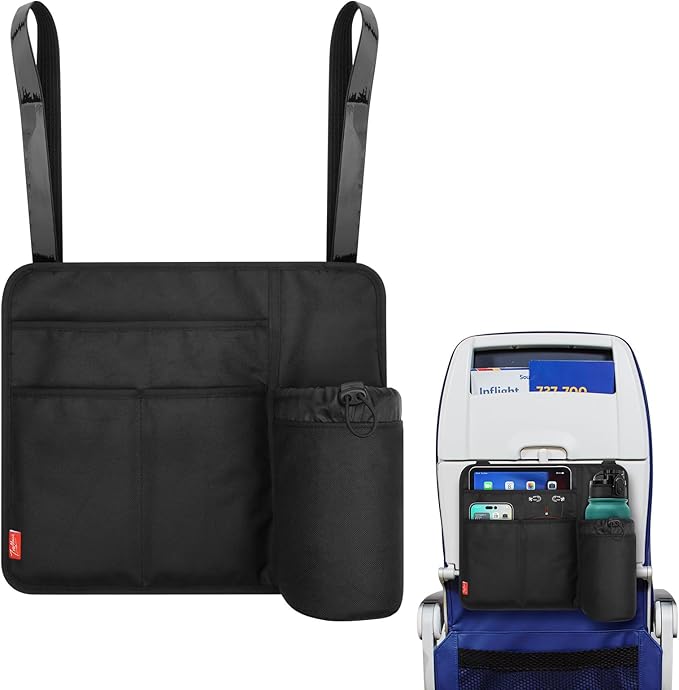 Airplane Seat Back Organizer & Storage, Airplane Tray Table Cover for Personal Items, Airline Seat Hanging Pockets Media Pouch,Reusable Travel Essentials,Fits Tablets,Cell Phone,Water Bottle (Black)
