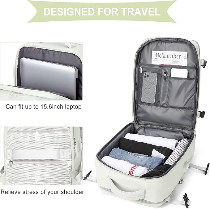 WONHOX Large Travel Backpack Women, Carry On Backpack, Hiking Backpack Waterproof Outdoor Sports Rucksack Casual Daypack with USB Charging Port Shoes Compartment, Moon White