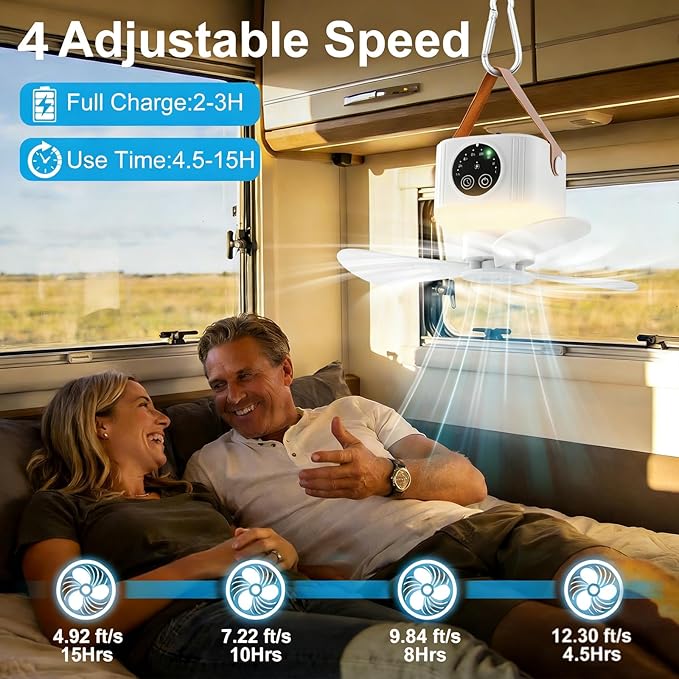 Portable Camping Fan with Lights,LED Hanging Ceiling Fan With Remote&Timer, 9.25" Wireless Rechargeable Tent Fan,4 Speeds&Brightness for Canopy, Beach, RV, Car, Camper,Outdoor,Indoor