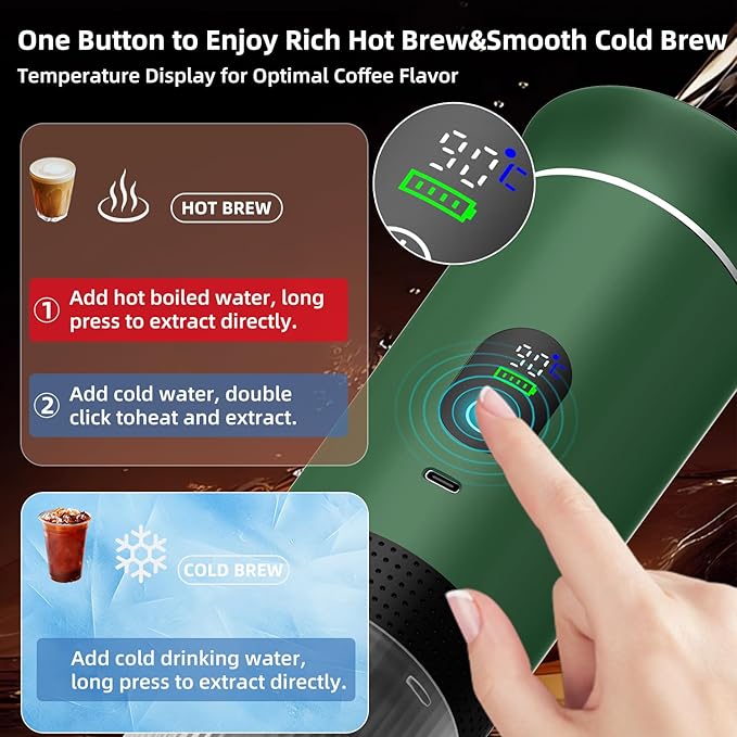 Portable Coffee Maker for Travel & Camping, Portable Espresso Maker with Bag, Rechargeable Cordless Battery Operated Coffee Makers for Ground Coffee, NS Capsule RV, Hiking, Office(Green)