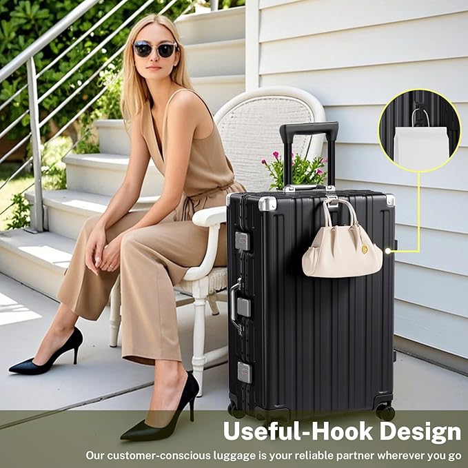 Krute Aluminum Frame Luggage 28 Inch Checked Suitcase with Spinner Wheels TSA Approved No Zipper Hard Shell Luggage PC+ABS Travel Suitcase Black