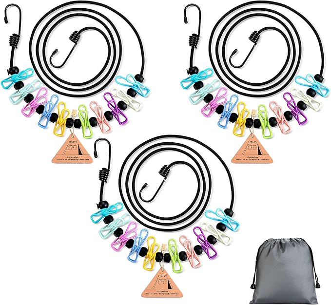Clothesline Camping Essentials, Elastic Travel Clothes Line Camping Gear for Outdoor Glamping, Cruise and RV Must Haves, 3 Count