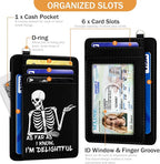 Yonlevres Skeleton Credit Card Holder Slim Wallet, RFID Wallet Women Front Pocket Wristlet Lanyard, Small Card Holder Travel Cute Thin Card Case ID Window PU Leather Funny Card Organizer Gifts Girls