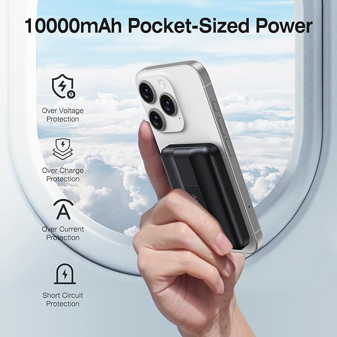 AOGUERBE for MagSafe Portable Charger, 10000mAh Magnetic Power Bank 22.5W Fast Charging, Mini Battery Pack Wireless with LED Display&Foldable Stand for iPhone 17/16/15/14/13/12 Series (Obsidian Black)