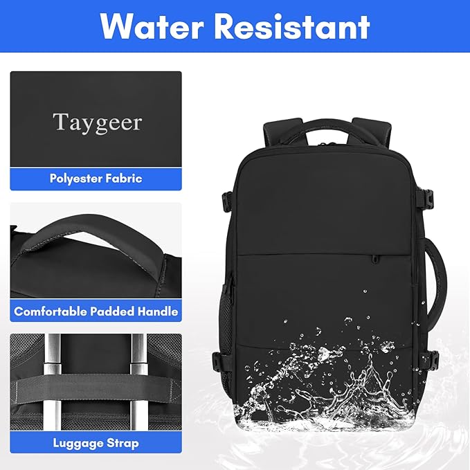 Taygeer Travel Laptop Backpack for Men Women, Airplane Approved Travel Backpack Suitcase with Water Bottle Pocket, Lightweight College 35l Luggage Bag 15.6inch Laptop Mochila Gifts for Business,Black