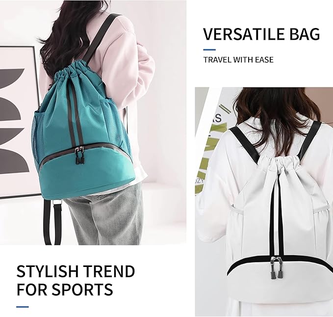 JELUTAR Drawstring Backpack Gym Bag with Shoes Compartment for Soccer, Basketball, Swim, Water-Resistant String Backpack Beach Cinch for Women Men, Teal