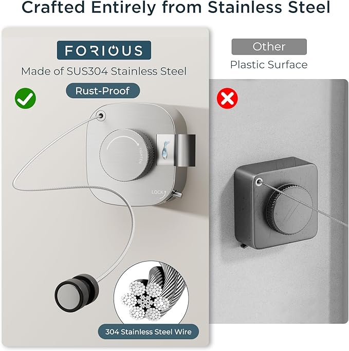 FORIOUS Retractable Clothesline Indoor, 13.8 Ft Non-Sagging Outdoor Clothes Line, Rustproof All Stainless Steel Heavy Duty Clothes Drying Laundry Line, Screw Wall Mounted for Bathroom, Brushed Nickel