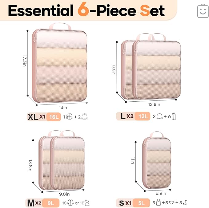 Veken 6/9/11 Set Compression Packing Cubes for Travel Essentials,Compressible Expandable Large Luggage Suitcase Organizer Bags for Clothing,Durable Space Saver Storage Bags(Beige)