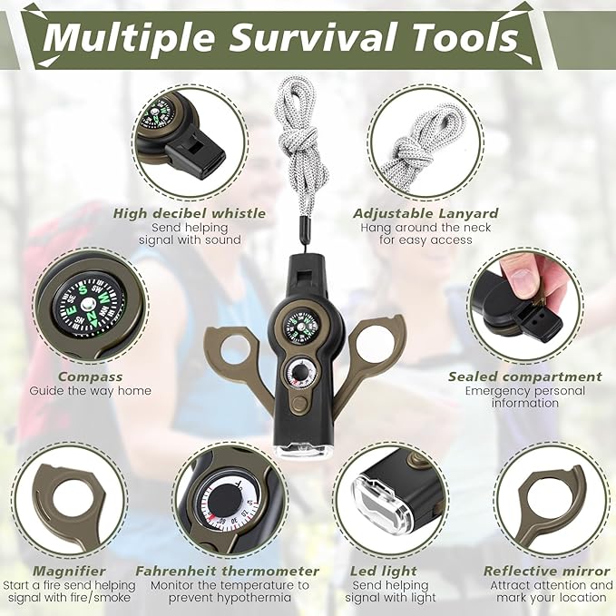 Arrowbash 12 Pack Emergency Survival Whistle 7-in-1 Compass Hiking Survival Safety Whistle with Lanyard Outdoor Multifunctional Tool Ideal for Hiking Camping Rescue Signaling
