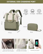 LOVEVOOK Laptop Backpack for Women, 15.6 Inch Work Laptop Bag with USB Port, Fashion Teacher Nurse Backpack Purse, Waterproof Travel Computer Backpack with Organizer Bag, 2PCS, Beige-Bean Green