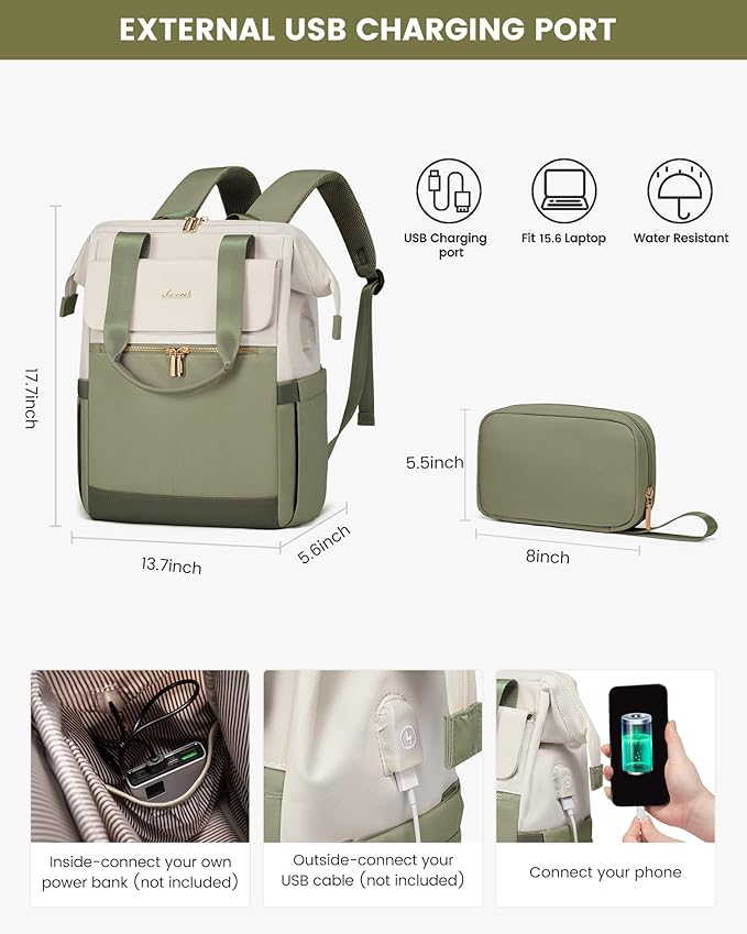 LOVEVOOK Laptop Backpack for Women, 15.6 Inch Work Laptop Bag with USB Port, Fashion Teacher Nurse Backpack Purse, Waterproof Travel Computer Backpack with Organizer Bag, 2PCS, Beige-Bean Green