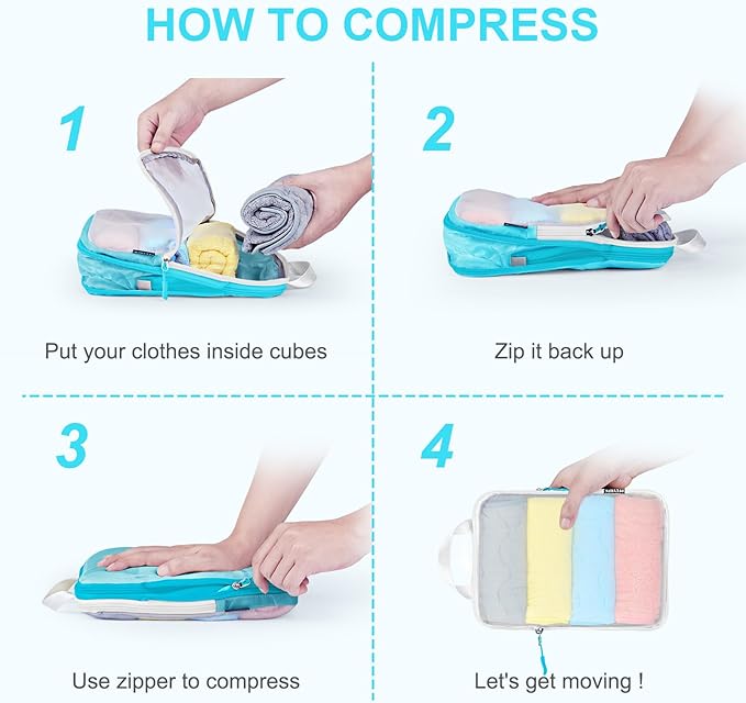 PFEYRPK Lightweight Compression Packing Cubes for Suitcases, Compressible Expandable Travel Packing Organizer with Clear Toiletries and Backpack Bag, Travel Essentials for Carry on Luggage 7 Set