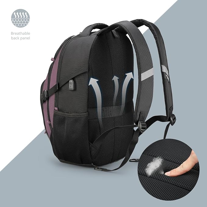 Swissdigital Design Laptop Backpack with USB Charging Port, Travel Backpack Fits 15.6 inches Computer, 31L College School Backpack for Women, Light Purple/Black | SD803-85