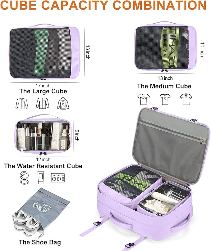 Lumesner Carry on Travel Backpacks, Extra Large 40L Flight Approved Bag for Men & Women,Expandable Suitcase Backpack With 4 Packing Cubes,Water Resistant Luggage Daypack Business Weekender Bag, Purple