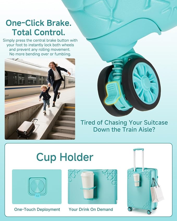 Somago Expandable 2-Piece Luggage Sets 20"/24" Suitcases with Shock-Absorbing Braking Spinner Wheels Moon Star Design Hard Shell Suitcase with Cupholder TSA Lock (Robin Egg Blue,Expandable 20/24 Inch)