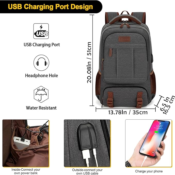 Tzowla Canvas Laptop Backpack, Bag for Men Women,Travel Work Rucksack Fits 17.3 Inch Laptop, Large Capacity Bookbag(Dark Grey)