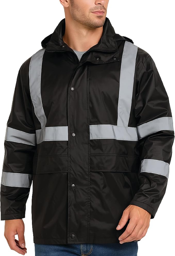Bass Creek Outfitters Mens Rain Jacket - Waterproof Hooded High Visibility Safety Coat with Reflective Strips