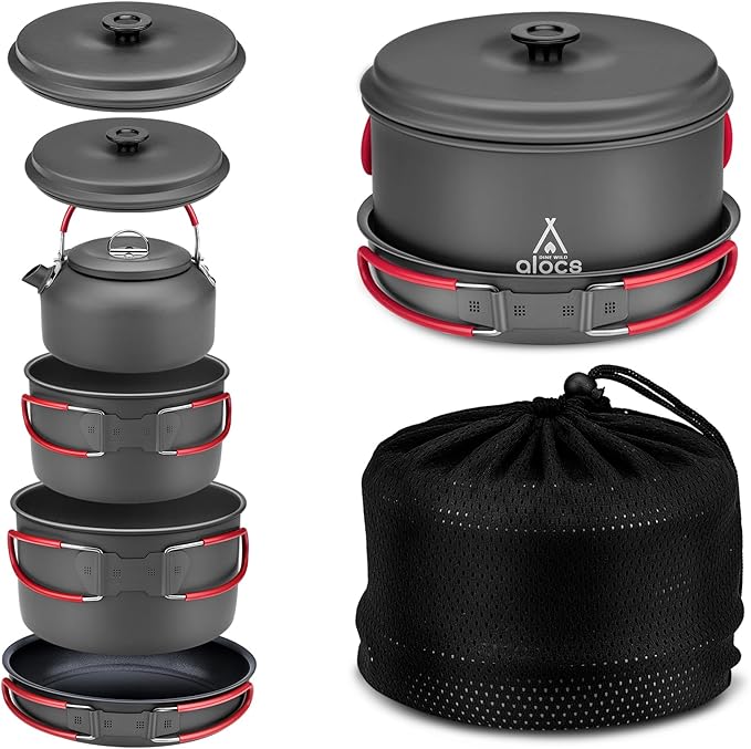 Alocs Camping Cookware Set Camping Gear, Compact Camping Pots and Pans Set, Durable Hard Alumina Camping Cooking Set for Outdoor Backpacking Camping Hiking Picnic, Included Mesh Carry Bag