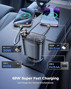 SUPERONE Smaller Retractable Car Charger with Dual Type C Cords, 69W Fast Retractable USB C Car Charger, 4 in 1 Car Accessories Car Chargers for iPhone 17 16 15 14 13 12 Galaxy Pixel