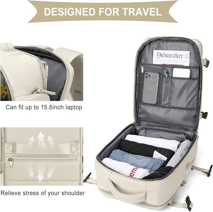WONHOX Large Travel Backpack Women, Carry On Backpack,Hiking Backpack Waterproof Outdoor Sports Rucksack Casual Daypack with USB Charging Port Shoes Compartment,Beige