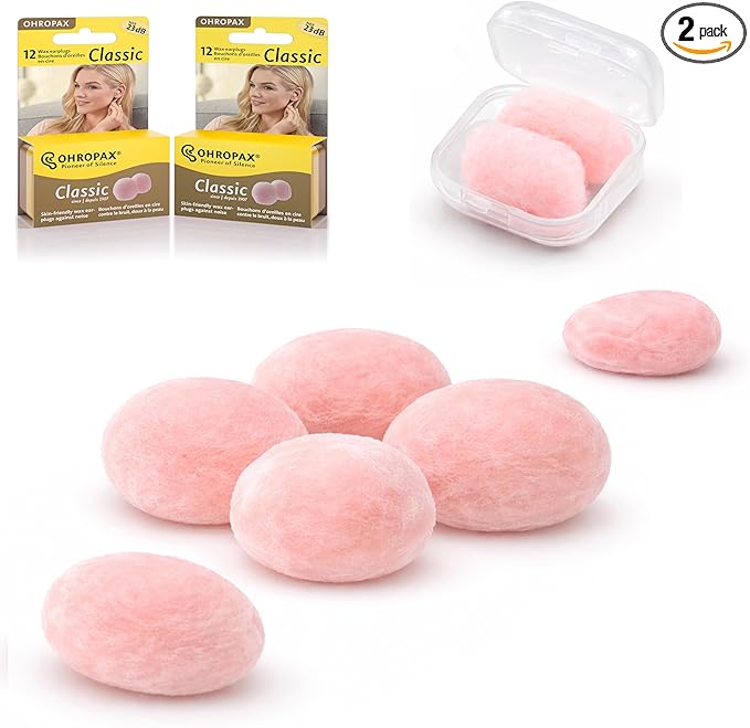 Ohropax Reusable Wax/Cotton Ear Plugs (24 Plugs Total)(1 Clear Carrying Case) - Ear Plugs for Sleeping Noise Cancelling, Swimming, Shooting Ear Protection, and a snoring Solution.