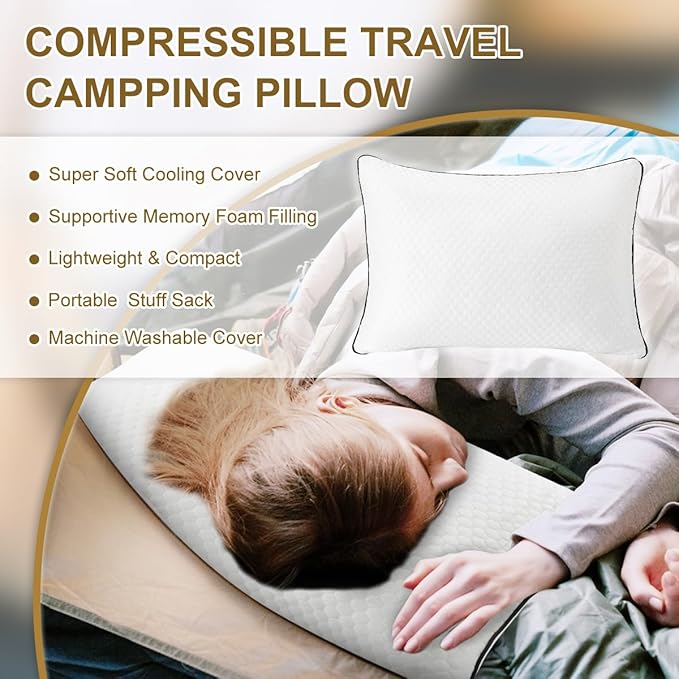 Ivellow Travel Pillow Camping Pillow for Sleeping Cooling Shredded Memory Foam Pillow Compressible Compact Medium Firm,Breathable Soft Cover,Ideal Outdoor Car Backpacking Hiking Essential Gear White L