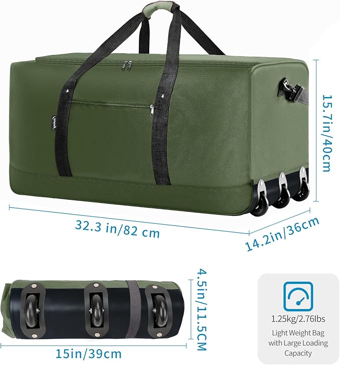 Finnhomy 120L Foldable Rolling Duffel Bag with 3 Wheels, Light Weight Travel Duffel bag with Large Loading Capacity, 32'' Rolling Duffel bag with Shoulder Strap