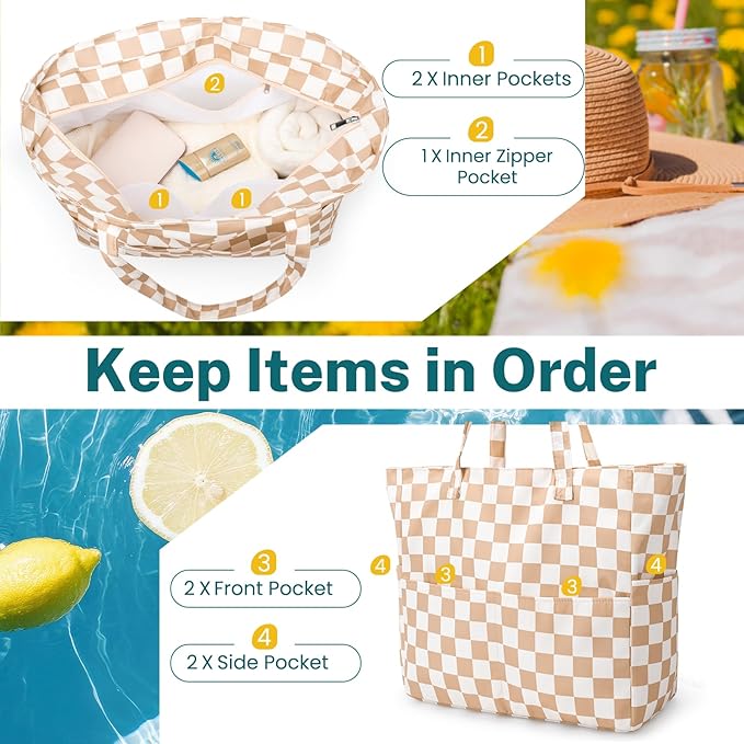 Iioscre Beach Bag for Women, Causal Hobo Pool Bags with Zipper Inner Pocket, Foldable Swim Tote Bag for Vacation Essentials