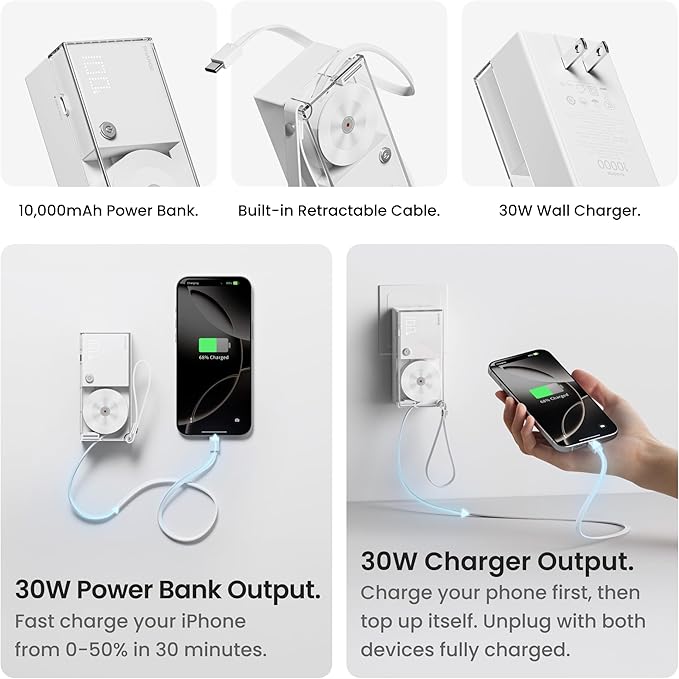 sharge 3 in 1 Portable Charger with Built-in Retractable Cables 10000mAh Power Bank, 30W Max Travel Essentials Battery Pack Fast Charging Powerbank for iPhone 17/16 and More