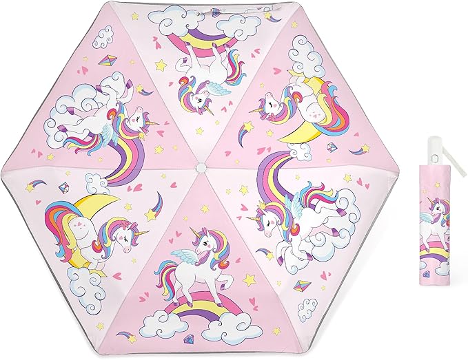 Kids Folding Umbrella Auto Open/Close Umbrellas for Rain Round Corner Safe Design UV Resistant Automatic Children Travel Umbrellas Reinforced Canopy 360° Reflective Strip Lightweight for Girls & Boys