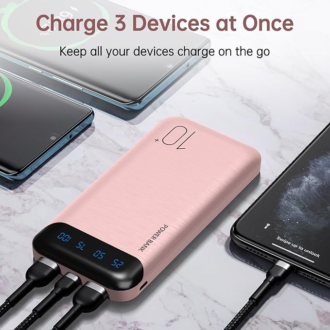 YOBON Power Bank 10000mAh Portable Charger Slim Battery Pack with 2 USB 2.4A Outputs and USB C in/Out Compatible with Huawei iPhone 16 15 14 13 12 iPad Samsung Galaxy S20 Android Tablet (Light Pink)