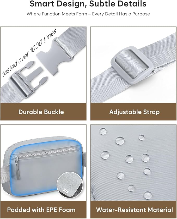 Pritent Fanny Packs for Women Cross Body Bag Waterproof Belt Bag with Adjustable Strap and Zipper Back Pocket Small Crossbody Bags Fashion Waist Packs for Workout Travelling(Light Gray)