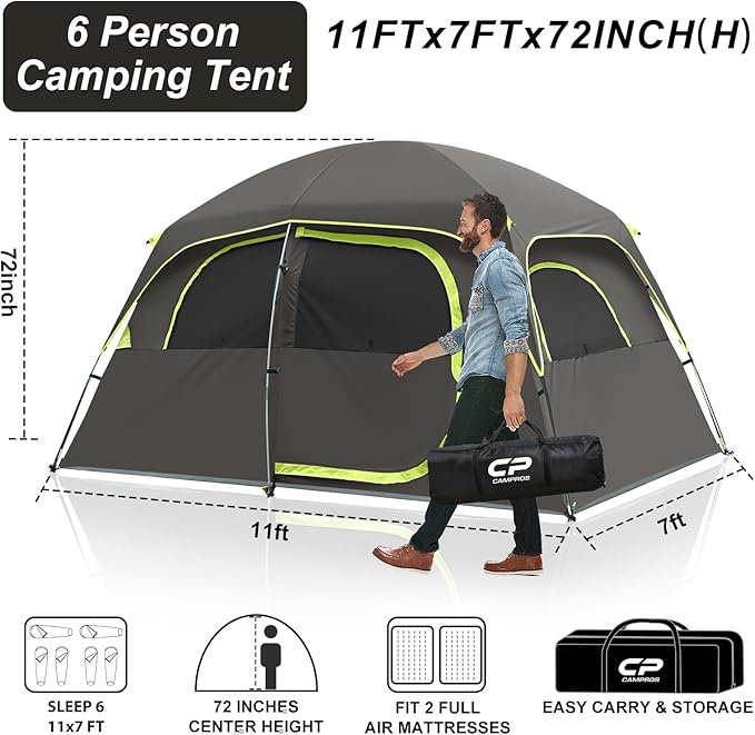 CAMPROS CP Upgraded 6/8 Person Camping Tents, Waterproof Windproof Family Tent with Larger Mesh Windows & Door, Double Layer, Easy Set Up, All-Season Dome Tent with Top Rainfly & Carry Bag