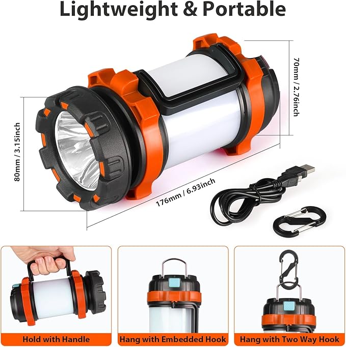 BOBKID 2 Pack Camping Lantern, Outdoor LED Camping Light, Rechargeable Flashlights with 1000LM, 6 Modes, IPX5 Waterproof Portable Emergency Camp Light for Hurricane Survival - Orange