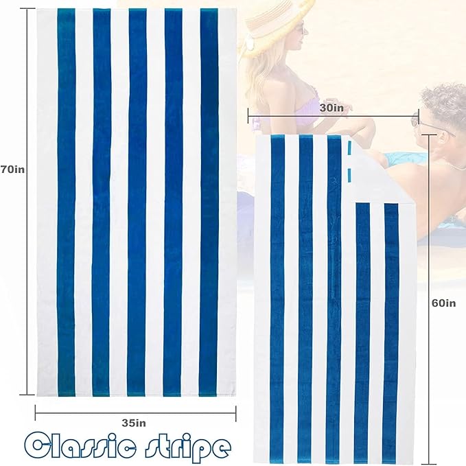 Exclusivo Mezcla 4 Pack Cotton Large 30x60 Inches Soft Cabana Stripe Thick Beach Towel, Super Absorbent Travel Bath Pool Towel (Ocean Blue)