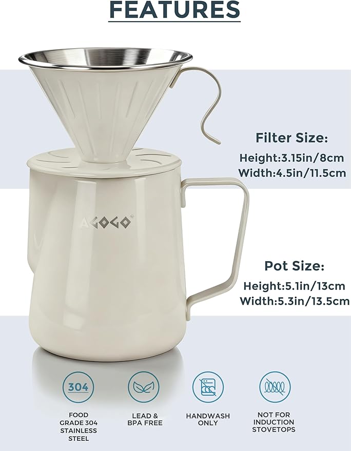 AGOGO Pour Over Coffee Maker Set - Unbreakable 304 Stainless Steel V60 Dripper & Server for Camping & Party, Includes 50 Paper Filters & Barista Towel - Cream White - 30oz