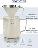 AGOGO Pour Over Coffee Maker Set - Unbreakable 304 Stainless Steel V60 Dripper & Server for Camping & Party, Includes 50 Paper Filters & Barista Towel - Cream White - 30oz