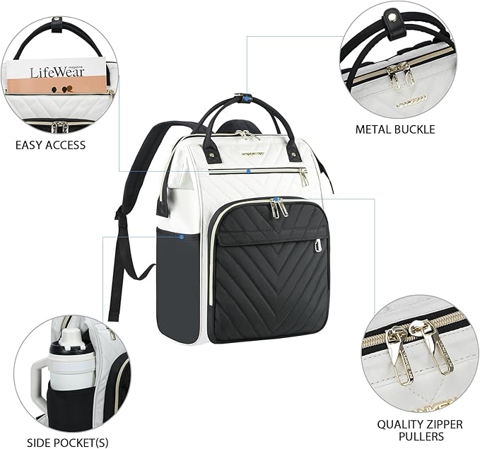 VANKEAN 17 Inch Laptop Backpack for Women Fashion Computer Work Bag, Large Capacity Waterproof Backpack, College Daypack Business Travel, Beige-Black